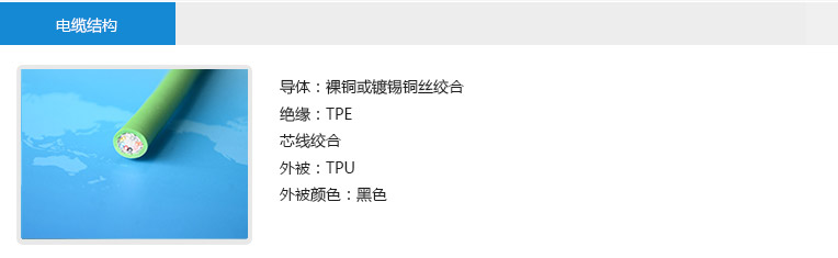 電纜結(jié)構(gòu)： 導體：裸銅或鍍錫銅絲絞合 絕緣：TPE 芯線絞合 外被：TPU 外被顏色：黑色